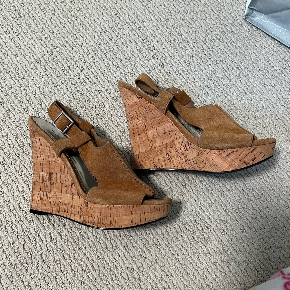 Bebe brown suede or velvet feel wedges size 8 with wood design bottoms